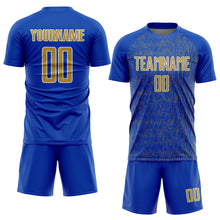 Charger l'image dans la galerie, Custom Thunder Blue Old Gold-White Abstract Scribble Curve Line Pattern Sports Sublimation Soccer Uniform Jersey
