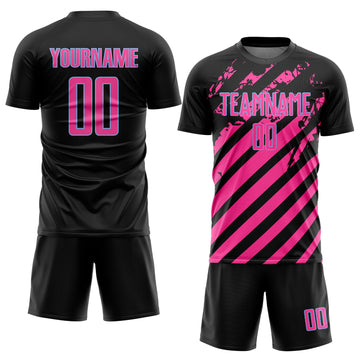 Custom Black Pink-Light Blue Distressed Diagonal Stripe Pattern Sports Sublimation Soccer Uniform Jersey