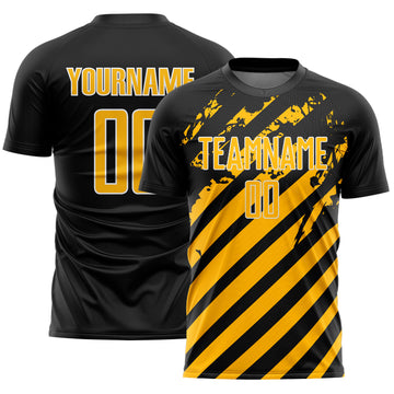 Custom Black Gold-White Distressed Diagonal Stripe Pattern Sports Sublimation Soccer Uniform Jersey