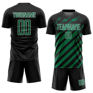 Custom Black Kelly Green-White Distressed Diagonal Stripe Pattern Sports Sublimation Soccer Uniform Jersey