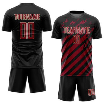 Custom Black Crimson-Cream Distressed Diagonal Stripe Pattern Sports Sublimation Soccer Uniform Jersey