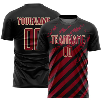 Custom Black Crimson-Cream Distressed Diagonal Stripe Pattern Sports Sublimation Soccer Uniform Jersey