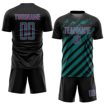 Custom Black Teal-Pink Distressed Diagonal Stripe Pattern Sports Sublimation Soccer Uniform Jersey