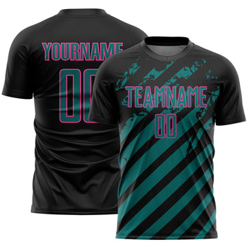 Custom Black Teal-Pink Distressed Diagonal Stripe Pattern Sports Sublimation Soccer Uniform Jersey