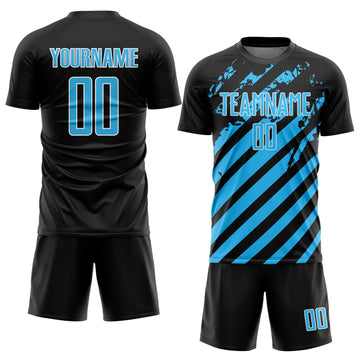 Custom Black Sky Blue-White Distressed Diagonal Stripe Pattern Sports Sublimation Soccer Uniform Jersey