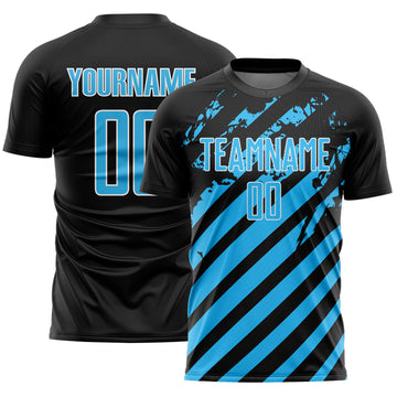 Custom Black Sky Blue-White Distressed Diagonal Stripe Pattern Sports Sublimation Soccer Uniform Jersey