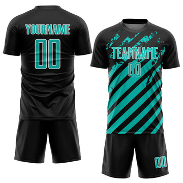 Custom Black Aqua-White Distressed Diagonal Stripe Pattern Sports Sublimation Soccer Uniform Jersey