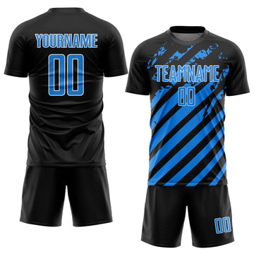 Custom Black Powder Blue-White Distressed Diagonal Stripe Pattern Sports Sublimation Soccer Uniform Jersey