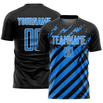 Custom Black Powder Blue-White Distressed Diagonal Stripe Pattern Sports Sublimation Soccer Uniform Jersey