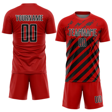Custom Red Black-White Distressed Diagonal Stripe Pattern Sports Sublimation Soccer Uniform Jersey