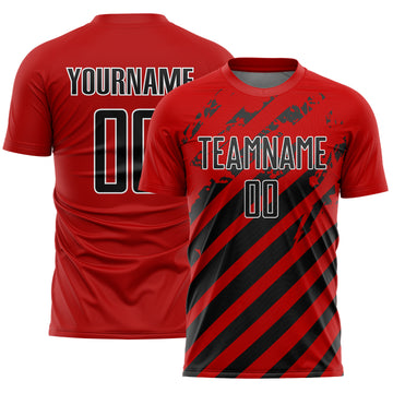 Custom Red Black-White Distressed Diagonal Stripe Pattern Sports Sublimation Soccer Uniform Jersey