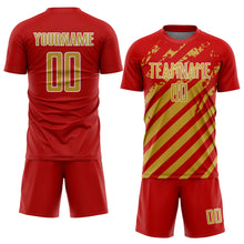 Загрузить изображение в средство просмотра галереи, Custom Red Old Gold-White Distressed Diagonal Stripe Pattern Sports Sublimation Soccer Uniform Jersey
