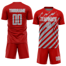 Charger l'image dans la galerie, Custom Red Gray-White Distressed Diagonal Stripe Pattern Sports Sublimation Soccer Uniform Jersey

