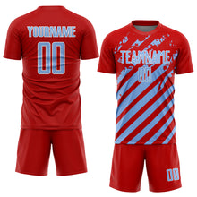Загрузить изображение в средство просмотра галереи, Custom Red Light Blue-White Distressed Diagonal Stripe Pattern Sports Sublimation Soccer Uniform Jersey
