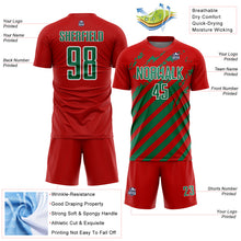 Laden Sie das Bild in den Galerie-Viewer, Custom Red Kelly Green-White Distressed Diagonal Stripe Pattern Sports Sublimation Soccer Uniform Jersey
