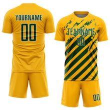 Laden Sie das Bild in den Galerie-Viewer, Custom Gold Green-White Distressed Diagonal Stripe Pattern Sports Sublimation Soccer Uniform Jersey
