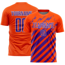 Загрузить изображение в средство просмотра галереи, Custom Orange Purple-White Distressed Diagonal Stripe Pattern Sports Sublimation Soccer Uniform Jersey
