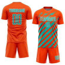 Загрузить изображение в средство просмотра галереи, Custom Orange Aqua-White Distressed Diagonal Stripe Pattern Sports Sublimation Soccer Uniform Jersey

