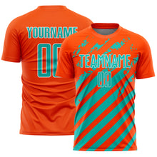 Загрузить изображение в средство просмотра галереи, Custom Orange Aqua-White Distressed Diagonal Stripe Pattern Sports Sublimation Soccer Uniform Jersey
