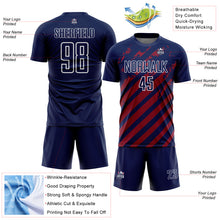 Загрузить изображение в средство просмотра галереи, Custom Navy White-Red Distressed Diagonal Stripe Pattern Sports Sublimation Soccer Uniform Jersey
