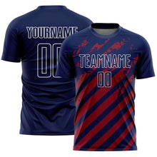Загрузить изображение в средство просмотра галереи, Custom Navy White-Red Distressed Diagonal Stripe Pattern Sports Sublimation Soccer Uniform Jersey
