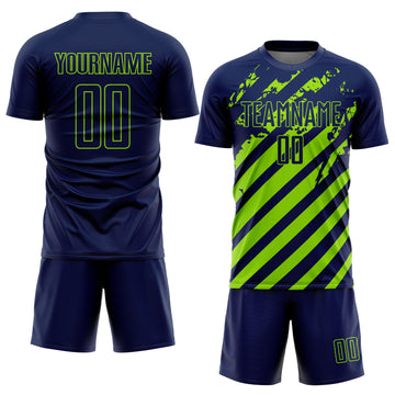 Custom Navy Neon Green Distressed Diagonal Stripe Pattern Sports Sublimation Soccer Uniform Jersey