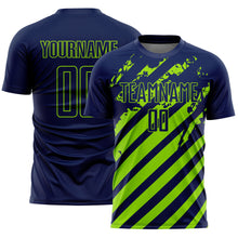 Загрузить изображение в средство просмотра галереи, Custom Navy Neon Green Distressed Diagonal Stripe Pattern Sports Sublimation Soccer Uniform Jersey
