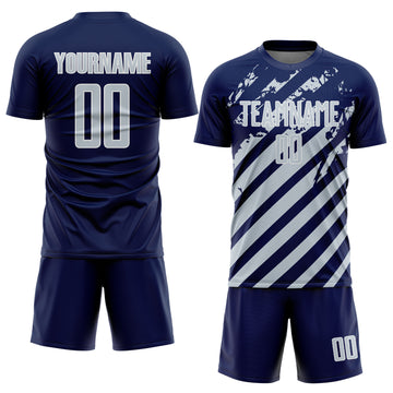 Custom Navy Silver-White Distressed Diagonal Stripe Pattern Sports Sublimation Soccer Uniform Jersey