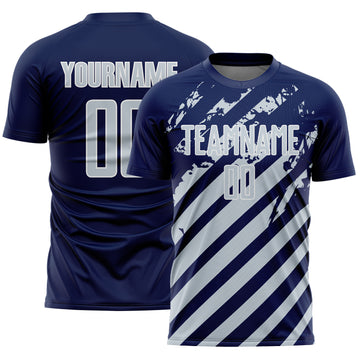 Custom Navy Silver-White Distressed Diagonal Stripe Pattern Sports Sublimation Soccer Uniform Jersey