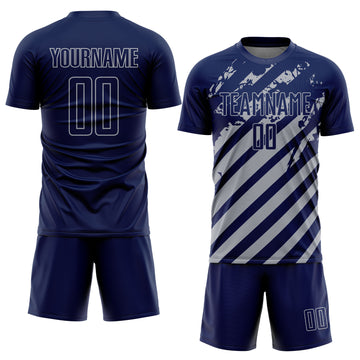 Custom Navy Gray Distressed Diagonal Stripe Pattern Sports Sublimation Soccer Uniform Jersey