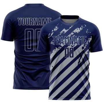 Custom Navy Gray Distressed Diagonal Stripe Pattern Sports Sublimation Soccer Uniform Jersey