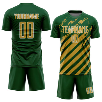 Custom Green Old Gold-White Distressed Diagonal Stripe Pattern Sports Sublimation Soccer Uniform Jersey
