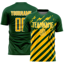 Charger l'image dans la galerie, Custom Green Yellow-White Distressed Diagonal Stripe Pattern Sports Sublimation Soccer Uniform Jersey
