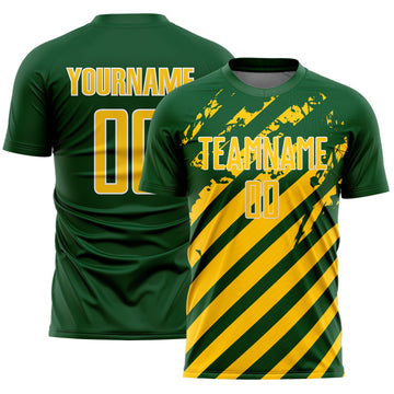 Custom Green Yellow-White Distressed Diagonal Stripe Pattern Sports Sublimation Soccer Uniform Jersey