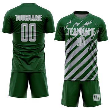 Custom Green Gray-White Distressed Diagonal Stripe Pattern Sports Sublimation Soccer Uniform Jersey