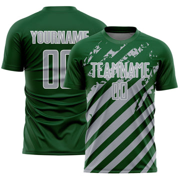 Custom Green Gray-White Distressed Diagonal Stripe Pattern Sports Sublimation Soccer Uniform Jersey