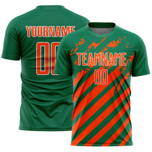 Загрузить изображение в средство просмотра галереи, Custom Kelly Green Orange-White Distressed Diagonal Stripe Pattern Sports Sublimation Soccer Uniform Jersey
