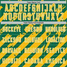 Загрузить изображение в средство просмотра галереи, Custom Kelly Green Gold-White Distressed Diagonal Stripe Pattern Sports Sublimation Soccer Uniform Jersey
