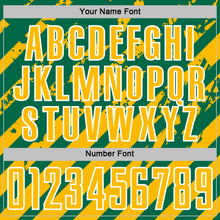 Загрузить изображение в средство просмотра галереи, Custom Kelly Green Gold-White Distressed Diagonal Stripe Pattern Sports Sublimation Soccer Uniform Jersey
