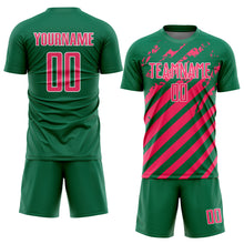 Загрузить изображение в средство просмотра галереи, Custom Kelly Green Neon Pink-White Distressed Diagonal Stripe Pattern Sports Sublimation Soccer Uniform Jersey
