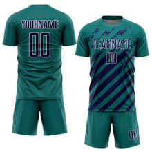 Загрузить изображение в средство просмотра галереи, Custom Teal Navy-White Distressed Diagonal Stripe Pattern Sports Sublimation Soccer Uniform Jersey
