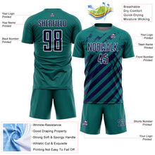 Загрузить изображение в средство просмотра галереи, Custom Teal Navy-White Distressed Diagonal Stripe Pattern Sports Sublimation Soccer Uniform Jersey
