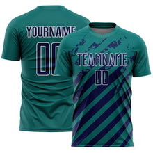 Загрузить изображение в средство просмотра галереи, Custom Teal Navy-White Distressed Diagonal Stripe Pattern Sports Sublimation Soccer Uniform Jersey
