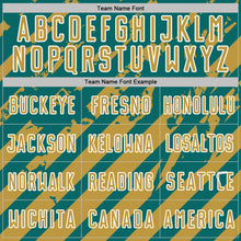 Laden Sie das Bild in den Galerie-Viewer, Custom Teal Old Gold-White Distressed Diagonal Stripe Pattern Sports Sublimation Soccer Uniform Jersey
