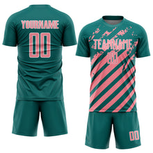 Загрузить изображение в средство просмотра галереи, Custom Teal Medium Pink-White Distressed Diagonal Stripe Pattern Sports Sublimation Soccer Uniform Jersey
