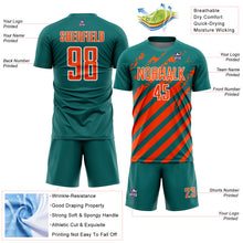 Загрузить изображение в средство просмотра галереи, Custom Teal Orange-White Distressed Diagonal Stripe Pattern Sports Sublimation Soccer Uniform Jersey

