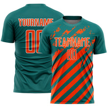 Загрузить изображение в средство просмотра галереи, Custom Teal Orange-White Distressed Diagonal Stripe Pattern Sports Sublimation Soccer Uniform Jersey
