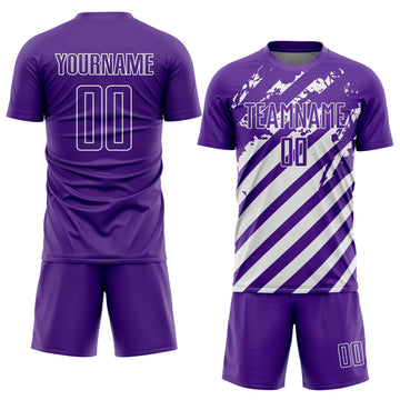 Custom Purple White Distressed Diagonal Stripe Pattern Sports Sublimation Soccer Uniform Jersey