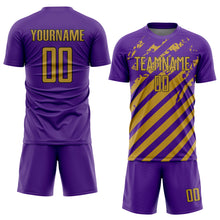 Charger l'image dans la galerie, Custom Purple Old Gold-Black Distressed Diagonal Stripe Pattern Sports Sublimation Soccer Uniform Jersey
