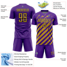 Charger l'image dans la galerie, Custom Purple Old Gold-Black Distressed Diagonal Stripe Pattern Sports Sublimation Soccer Uniform Jersey
